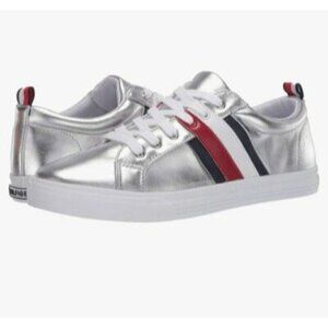 Tommy Hilfiger Silver Metallic Sneakers W/ Red & Navy Stripes 8 USA Patriotic